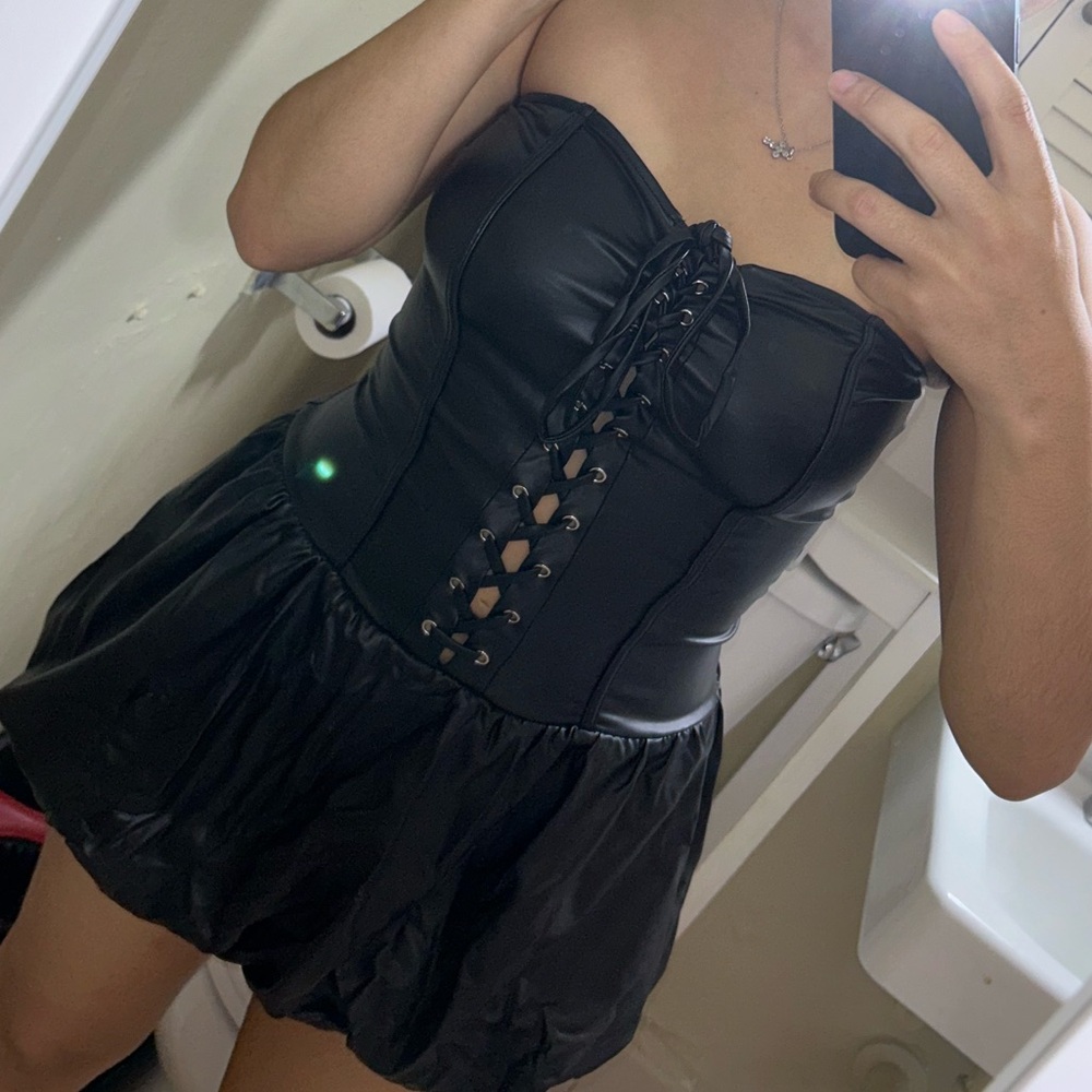 Black leather mini bubble dress